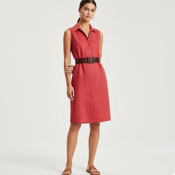 Vintage 90's Bossini Jeans Red Chambray Sleeveless Collared Midi Dress Size 11 - Picture 1 of 16